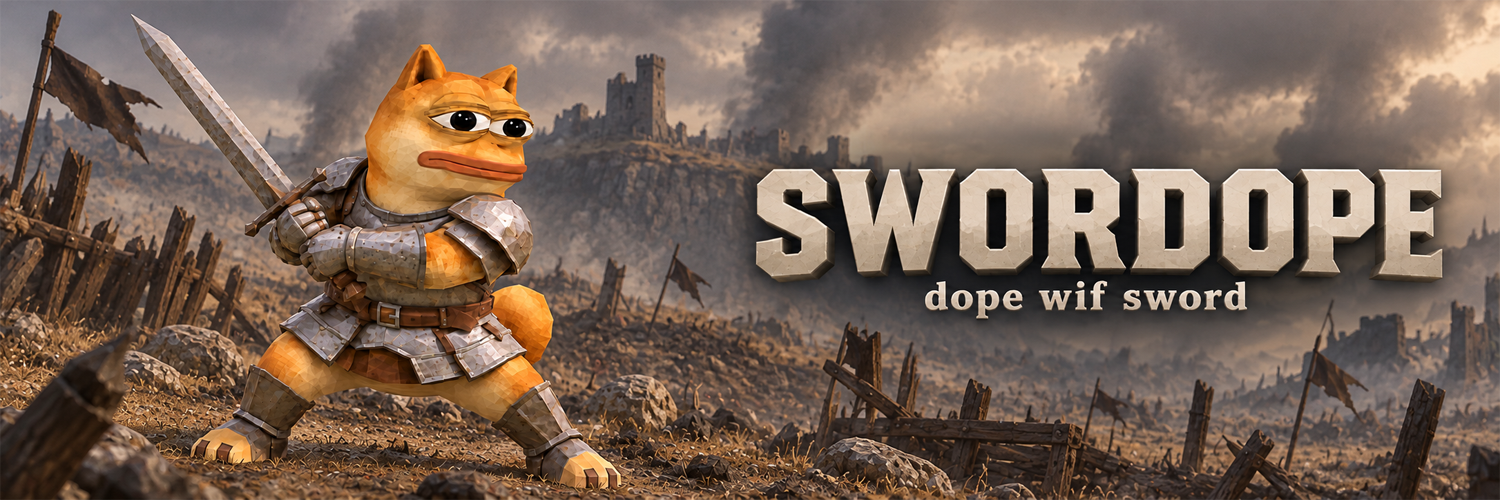 Armored shiba with a longsword on a stormed battlefield, castle on the ridge, title Swordo pe